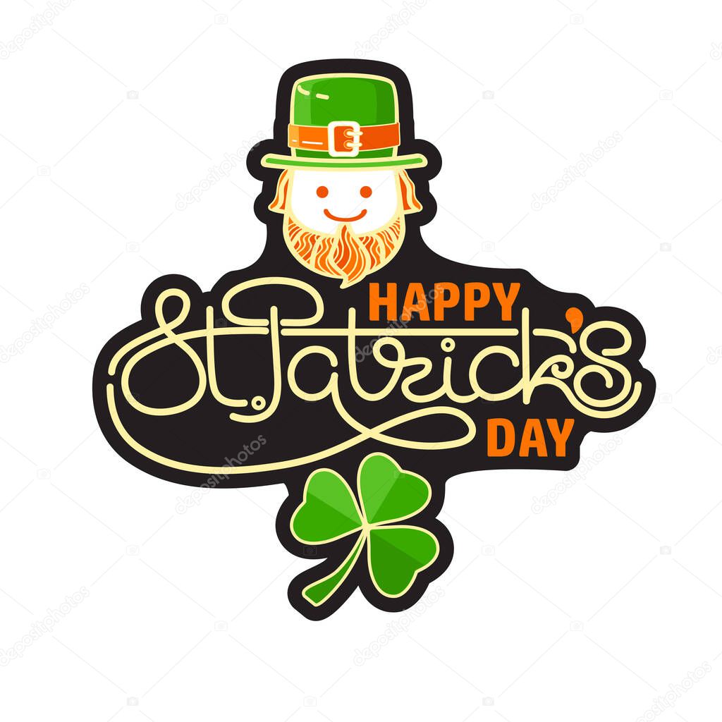 Happy Saint Patricks Day. Hand-drawn lettering. Festive composition of letters, leprechaun, and shamrock. Spring holiday March 17 Saint Patrick. Vector illustration.