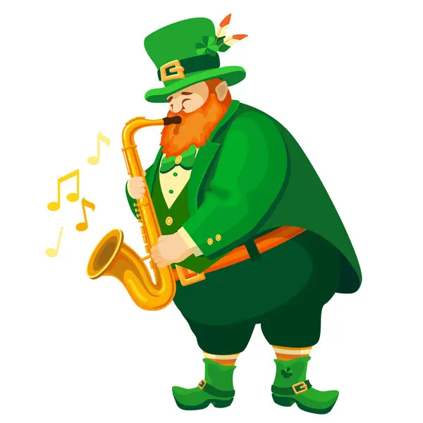 Leprechaun Klobouku Saxofonem Kreslený Znak Plochém Stylu Izolovaný Bílém Vtipný Royalty Free Stock Ilustrace