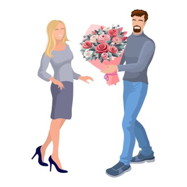 Genç bir adam ve kız. Bir buket gül ve gülümseyen bir kızla mutlu bir adam. Bir adam dekoratif ambalajda pembe bir çiçek buketi tutuyor. Isometric insanlar. Çiçekçi. 3B vektör illüstrasyonu.