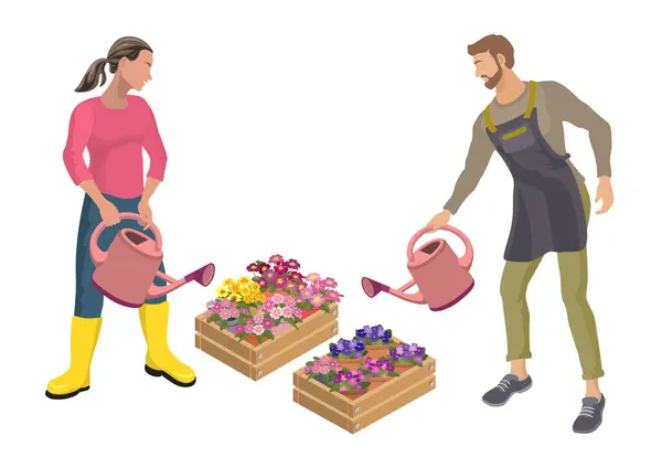 Ung Man Och Kvinna Växthusarbetare Tar Hand Hemmets Växter Låda Stockvektor