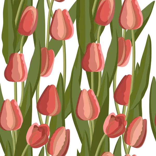 Ročník Tulipán Bezešvé Vzor Jasných Květin Listů Tulipán Ručně Kreslené Vektorová Grafika
