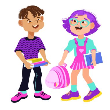 Sırt çantası ve kitapla okula dönmeye hazır şirin küçük okul çocukları. İki mutlu çocuk birlikte. Kitap ve okul çantasıyla çeşitli çizgi film çocuk öğrencileri. Vektör illüstrasyonu.