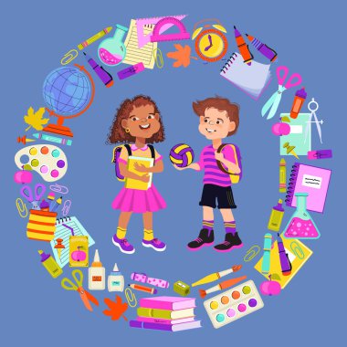 Okul gereçleri ve çizgi film çocukları. Okula dönelim. Çok ırklı öğrenciler. Çocuklar, sırt çantası, kitap, dünya, boyalar, cetvel, kalem, kalem, fırça, yapıştırıcı. Vektör düz resimleme.