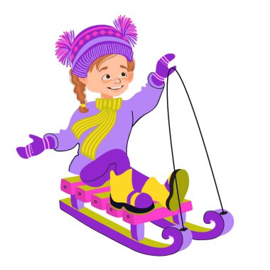 Karda kayan mutlu kız. Kış açık hava aktivitesi. Parlak kış kıyafetleri içinde bir çocuk. Tatlı küçük kızakçı. Çizgi filmci çocuk beyaz bir arka planda izole edilmiş. El çizimi düz vektör çizimi.