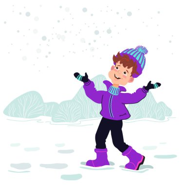 Mutlu çocuk düşen karı takdir eder. Kış açık hava aktivitesi. Kış manzarasına karşı parlak elbiseli bir çocuk. Çizgi filmci çocuk kar yağışının tadını çıkarıyor. El çizimi düz vektör çizimi.