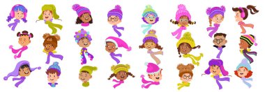 Parlak kış şapkalı mutlu çizgi film çocukları. Başlık takmış neşeli çocukların portreleri. Kızların ve erkeklerin gülen yüzleri. Çok ırklı çocuk avatarları. Vektör düz resimleme.