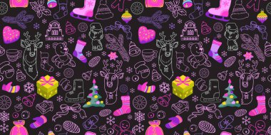 Süslü, kusursuz bir Noel deseni. Sonsuz bir şenlik geçmişi. Kış tatili yeni yıl geçmişi. El yapımı çanlar, patenler, eldivenler, hediyeler. Vektör illüstrasyonu.