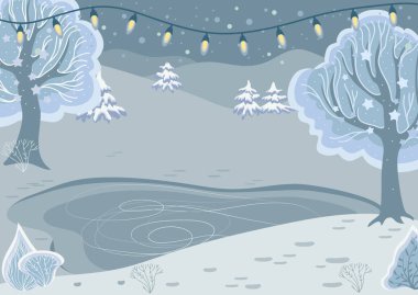 Karla kaplı ağaçlar, köknar ağaçları ve çelenklerle kaplı kış manzarası. Karlı park. Kış Harikalar Diyarı. Çizgi film ağaçlarıyla arka plan. Buz gibi orman. Güzel afiş. Vektör düz resimleme.