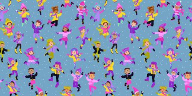 Parlak kış kıyafetleri içinde zıplayan mutlu çocuklar. Çocuklar mavi üzerine izole edilmiş. Kış arkaplanı. Sonu gelmez el çizimi vektör düz illüstrasyon.