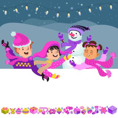 Parlak kış kıyafetleri içinde mutlu çocuklar ve bir kardan adam. Tebrik kartı şablonu. Neşeli çizgi film çocukları, Noel dekoru ve mesajların için bir yer. Vektör illüstrasyonu.