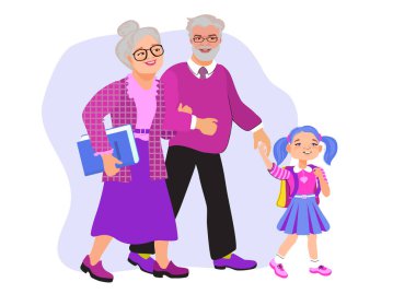 Büyükannem, büyükbabam ve torunum el ele tutuşup okula yürüyorlar. Aile sahnesi, bakım, ebeveynlik. Sevgi dolu büyükanne ve büyükbaba ve çocuk konuşuyor ve gülümsüyor. Vektör düz resimleme