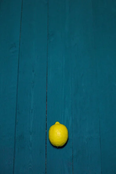 Fresh Lemon Blue Background Wood Texture Place Inscription — Stock Photo, Image