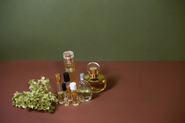 Parfümflaschen Aus Glas Mit Hortensienzweigen Auf Schönem Hintergrund — Stockfoto