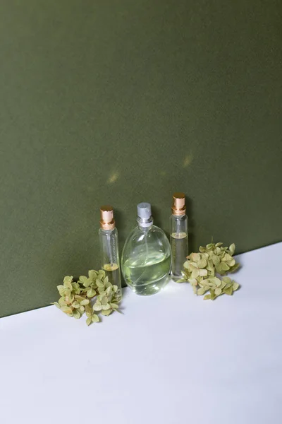Parfümflaschen Aus Glas Mit Hortensienzweigen Auf Hellem Hintergrund — Stockfoto