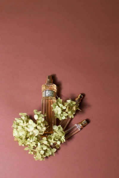 Cam Parfüm Şişeleri Arkaplanda Ortanca Ağaçları — Stok fotoğraf