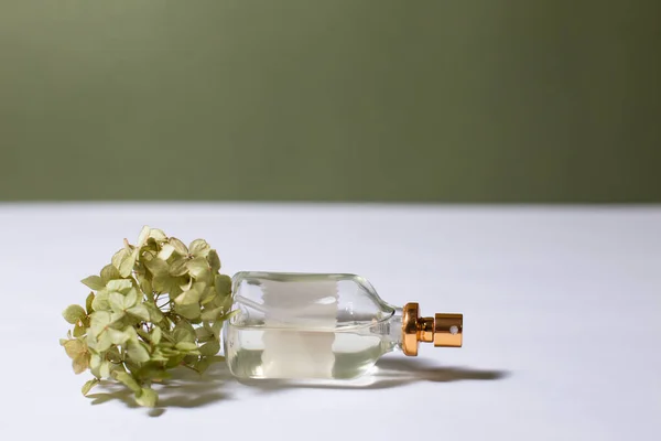 Beyaz Yeşil Arkaplan Üzerinde Ortanca Filizi Olan Parfüm — Stok fotoğraf