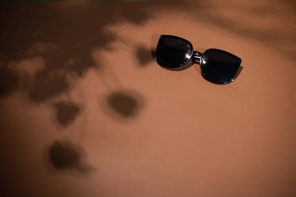 Чорні Сонцезахисні Окуляри Товстих Рамах Красивому Фоні Тіні Листя — стокове фото