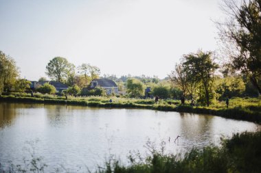 Baraj gölünün yanındaki parkta yeşil ağaçlar var.