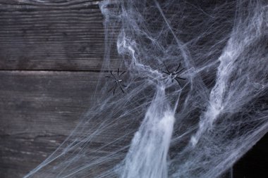 Siyah arkaplanda Cadılar Bayramı için örümceklerle dekoratif ağ