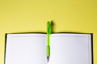 Sarı zemin üzerinde kalem olan bir defter..