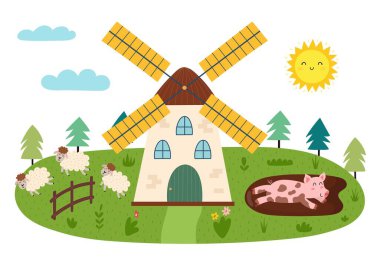 Farm landscape in cartoon style with windmill, pig and sheep. Summer green meadow print isolated on white. Outdoor garden background. Vector illustration