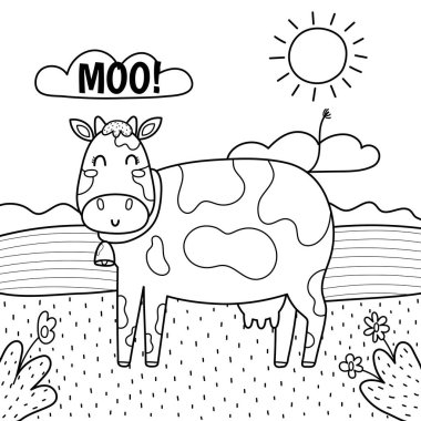 The cow goes moo black and white print. Coloring page with cute farm character on a green pasture. Funny card with animal in cartoon style for kids. Vector illustration 