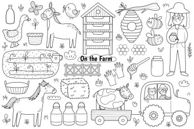 Black and white set with cute farm animals. Agriculture coloring page with little farmers, gardening equipment, tractor, beehive, milk, garden bed with sprouts. Vector illustration