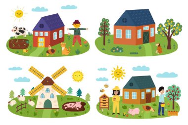 Farm landscapes set in cartoon style with farmhouses, animals and trees. Summer green meadow prints collection isolated on white. Outdoor garden background. Vector illustration