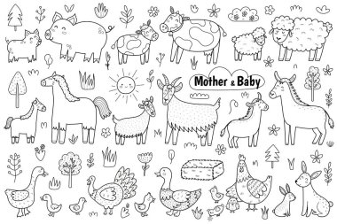 Black and white mother and baby farm animals set. Cute coloring page with sheep, pig, cow, duck, horse, hen, goat, donkey moms and their babies. Mother Day outline bundle. Vector illustration