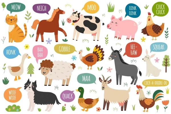 Farm Animals Saying Sounds Moo Oink Baa Cluck Others How — Stock Vector