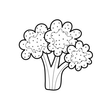 Black and white broccoli isolated on white background. Linear vegetable for coloring book. Organic healthy food clipart in cartoon style. Vector illustration