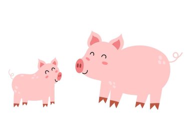 Mother pig with her baby piglet. Cute farm animal characters mom and her child. Mother Day print for kids. Vector illustration