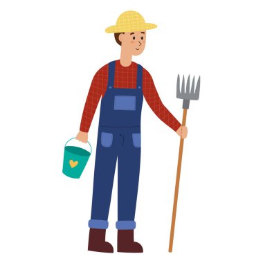 Farmer with a bucket and a spading fork isolated element. Farm man in flat style in a hat with instrument. Vector illustration 