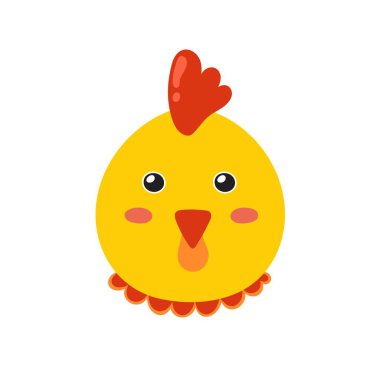 Cute hen face in cartoon style. Farm chicken character head for baby and kids design. Funny smiling animal print. Vector illustration