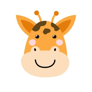 Cute giraffe face in cartoon style. Safari character head for baby and kids design. Funny smiling animal print. Vector illustration