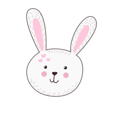 Cute rabbit face in cartoon style. Farm character head for baby and kids design. Funny smiling animal print. Vector illustratio