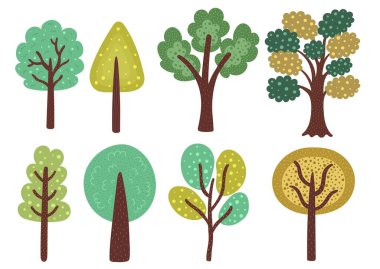 Doodle trees collection. Different trees set with apple, orange, pear, plum, cherry, lemon, fig and peach. Vector illustration
