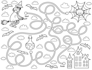 Help a cute witch find path to home. Black and white Halloween maze game for kids in cartoon style. Labyrinth puzzle for school and preschool. Vector illustration