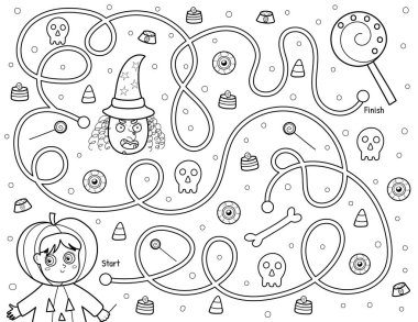 Help a cute boy in pumpkin costume find path to the candy. Black and white Halloween maze game for kids in cartoon style. Labyrinth puzzle for school and preschool. Vector illustration