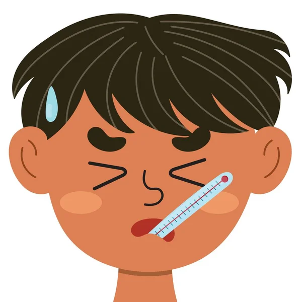 Visage Garçon Malade Avec Thermomètre Dans Bouche Ill Petit Enfant — Image vectorielle