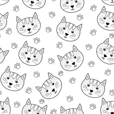Cute cat black and white seamless pattern. Coloring page background in cartoon style with funny feline character. Vector illustration