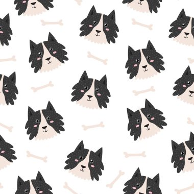 Cute dog faces seamless pattern. Background in cartoon style with funny Collie character. Vector illustration
