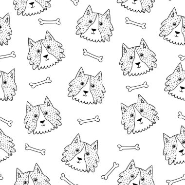 Cute dog black and white seamless pattern. Background for coloring book in cartoon style with funny Collie character. Vector illustration