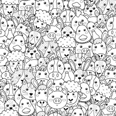 Farm animals black and white seamless pattern. Cute farm characters coloring page. Doodle style print for coloring book. Vector illustration