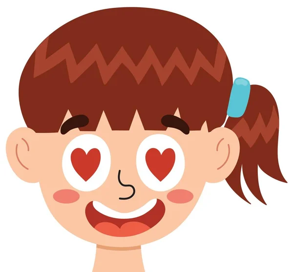 Loving girl face. Little kid in love with hearts in eyes clipart. Excited emotion. Emotional expression head close-up. Feeling concept vector illustration