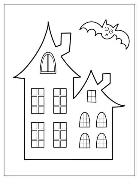 Feliz Halloween Para Colorear Página Con Casa Espeluznante Murciélago Impresión — Archivo Imágenes Vectoriales