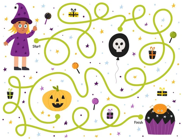 Hjälp Den Söta Häxa Hitta Vägen Till Cupcake Halloween Labyrint — Stock vektor