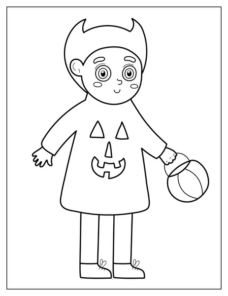 Pagina Colorare Halloween Con Bambino Costume Diavolo Dolcetto Trattare Stampa — Vettoriale Stock