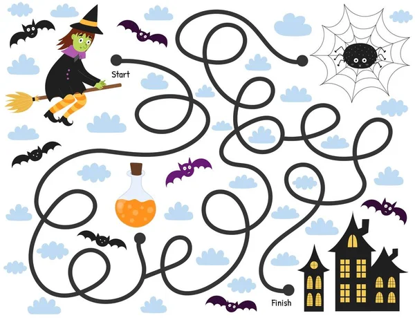 Hjälp Söt Häxa Att Hitta Vägen Hem Halloween Labyrint Spel — Stock vektor