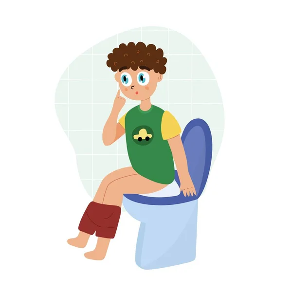 かわいい子供がトイレに座っている 少年は漫画風にポッピング 子供の日常的なベクトルイラスト — ストックベクタ